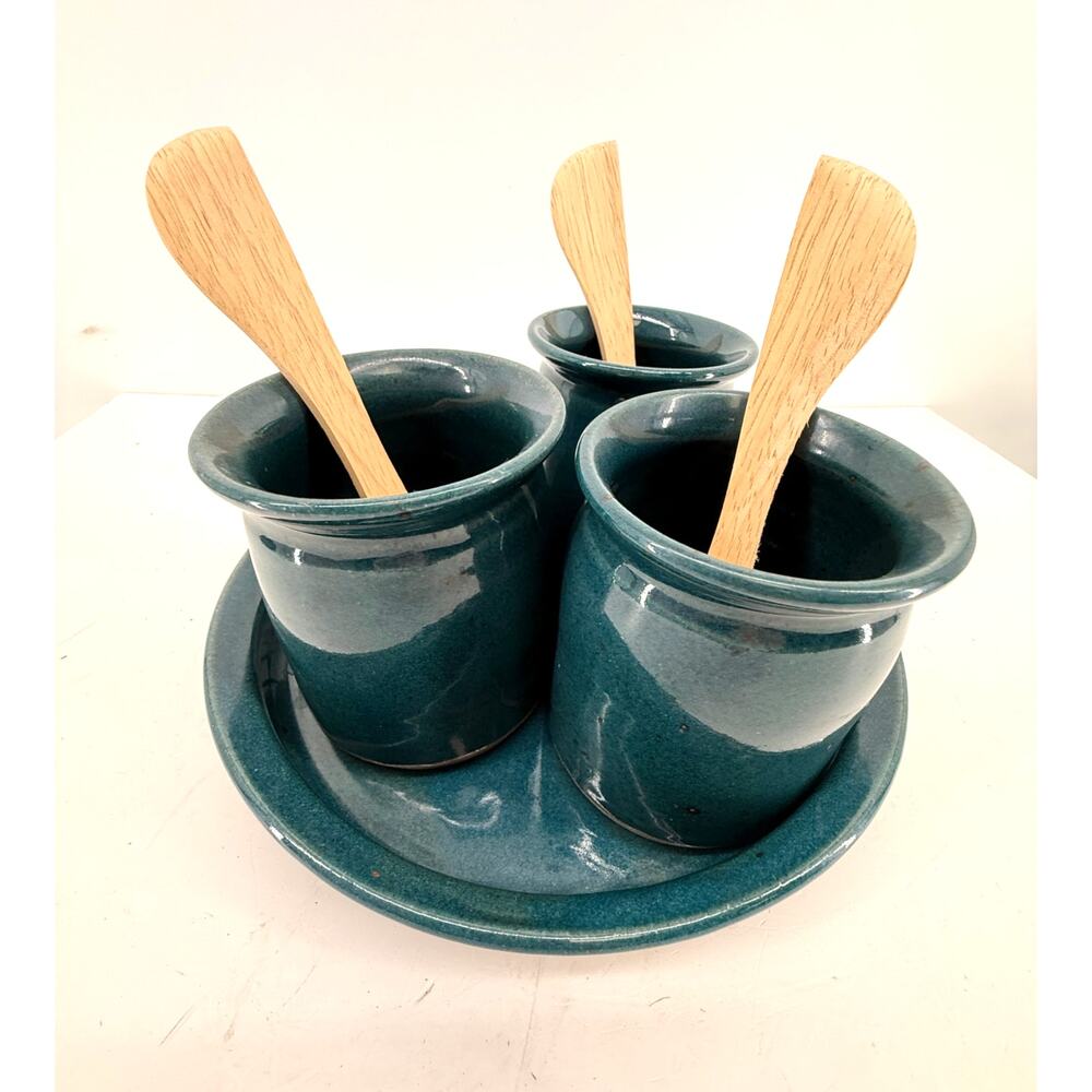 Stoneware Condiment Crock Set 3 Jars Wooden Spoons 9 Inch Serving Plate Teal